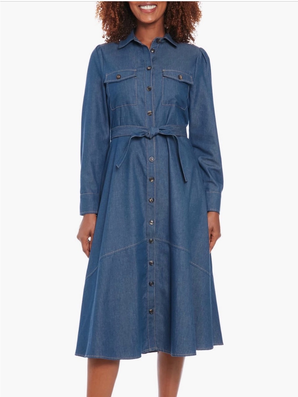 London Times Blue Denim Midi Shirt Dress with Waist Tie